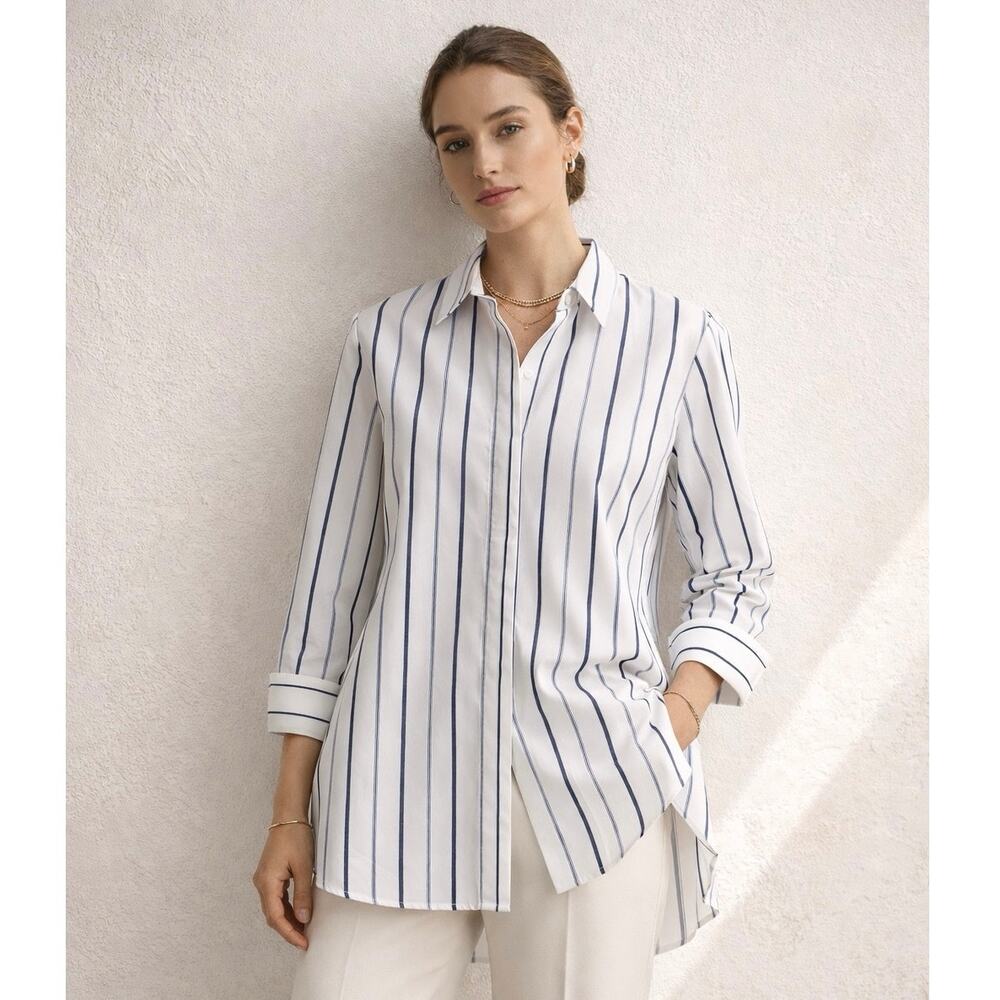 Lafayette 148 Stripe Button Down Shirt White Blue Longline Size L - Picture 5 of 13